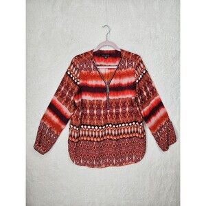 Zac Rachel Women Top Large Brown Printed 100% Polyester Long Sleeve Blouse Fit